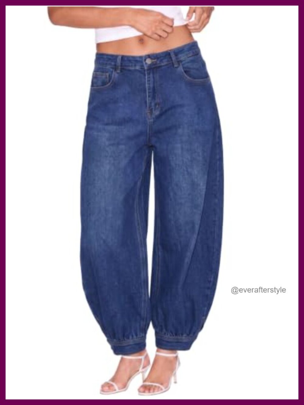 Womens Balloon Jeans Jogger Wide Leg Denim Pants Mid Rise Cuffed